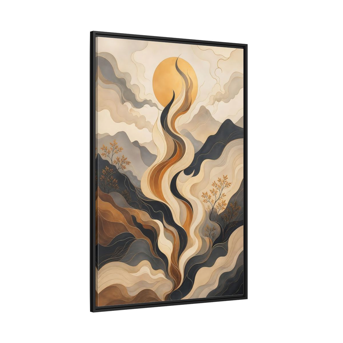Side Mockup 12. Nature Abstract Mountains Gold Grey Abstract shown as stretched canvas wall art