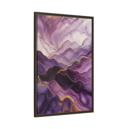 Main Mockup. Nature Abstract Mountains Purple And Gold shown as stretched canvas wall art