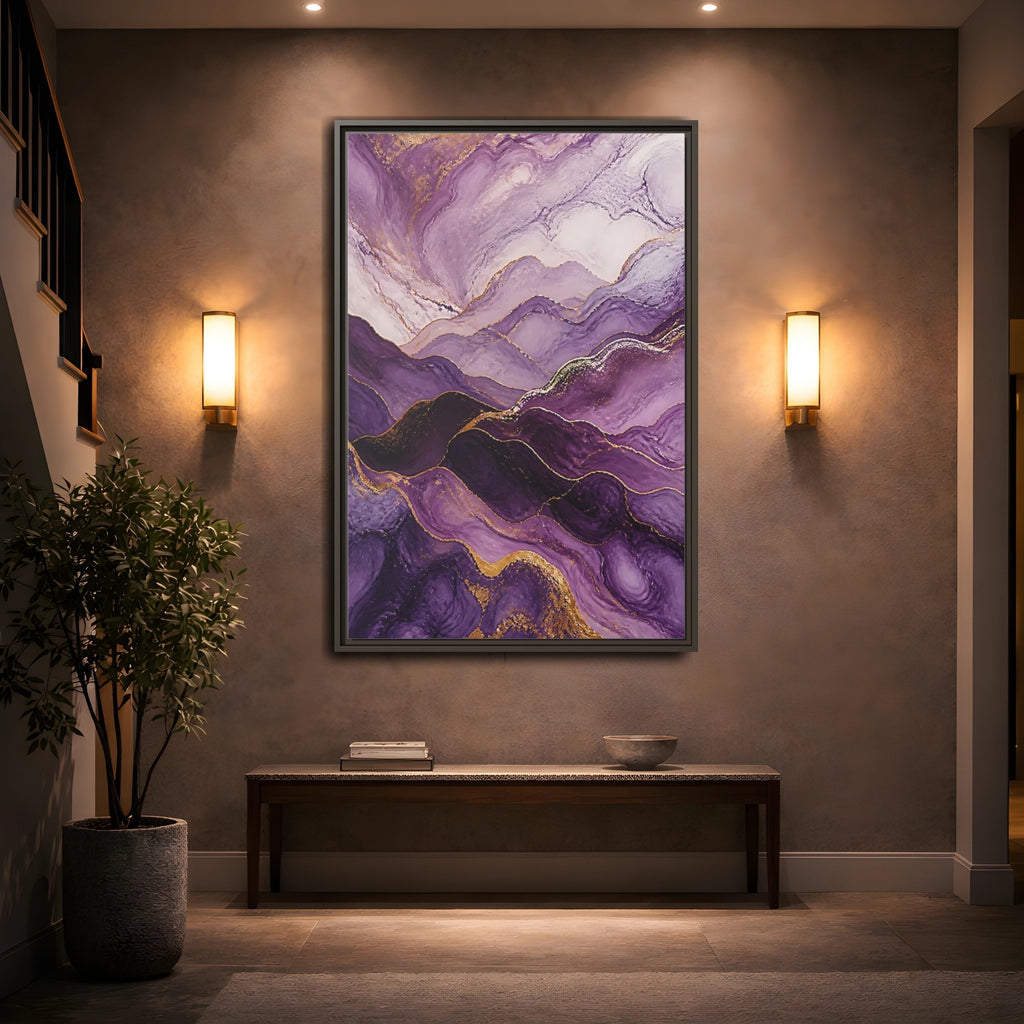 Mockup 2. Nature Abstract Mountains Purple And Gold shown as stretched canvas wall art