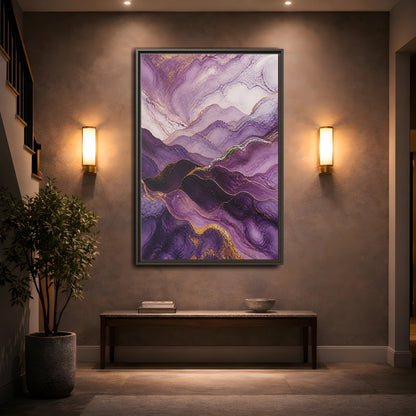 Mockup 2. Nature Abstract Mountains Purple And Gold shown as stretched canvas wall art