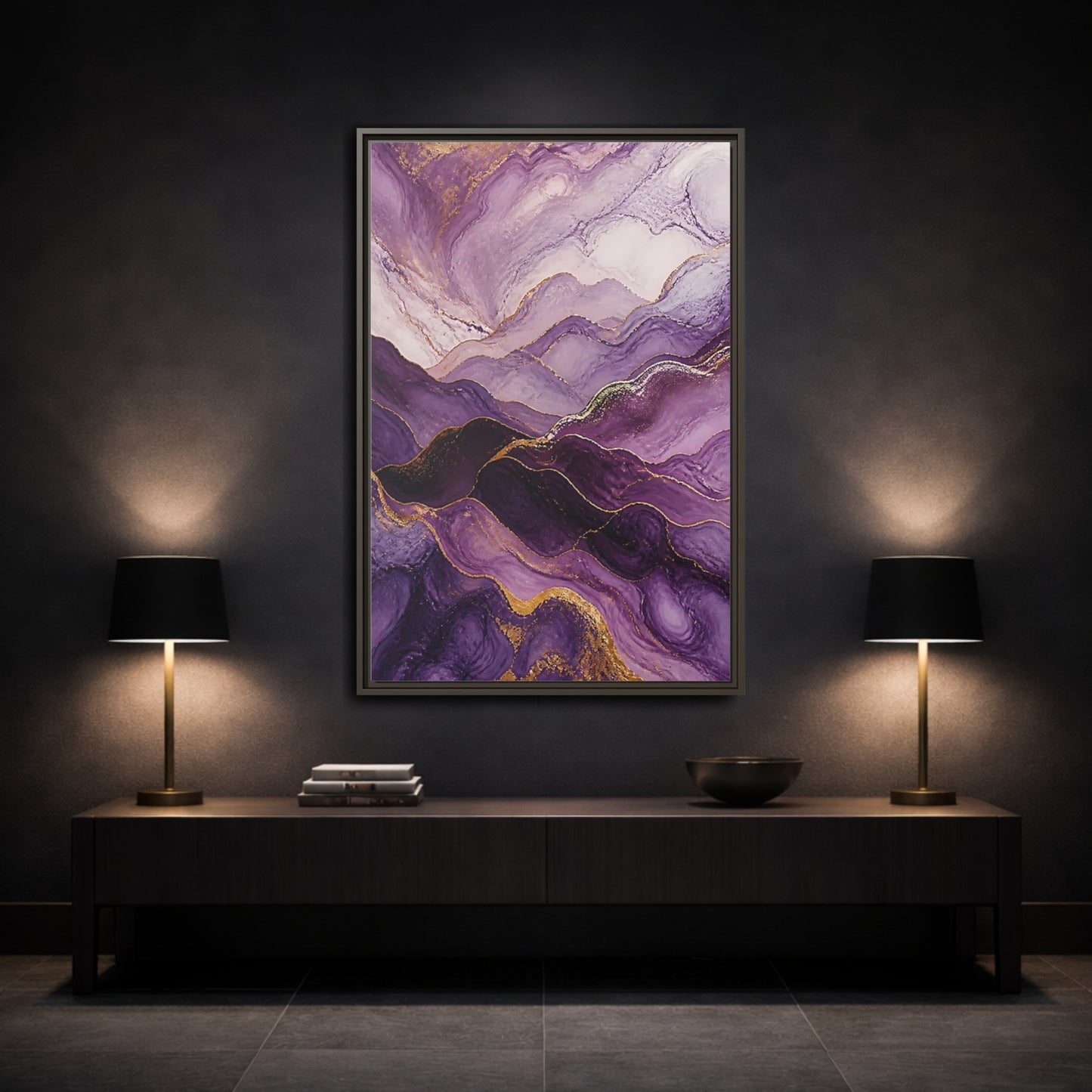 Mockup 3. Nature Abstract Mountains Purple And Gold shown as stretched canvas wall art