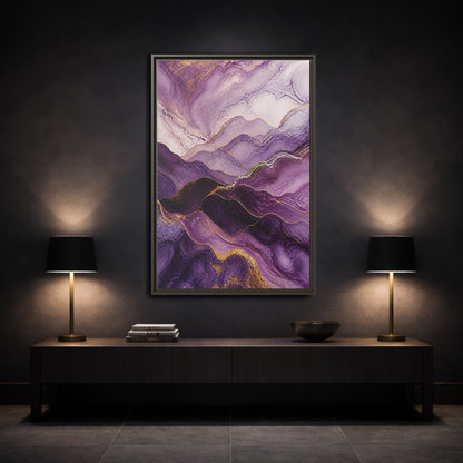 Mockup 3. Nature Abstract Mountains Purple And Gold shown as stretched canvas wall art