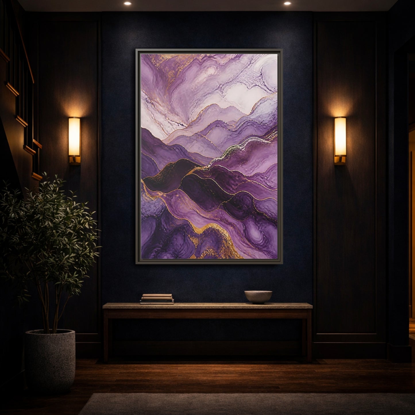 Mockup 4. Nature Abstract Mountains Purple And Gold shown as stretched canvas wall art