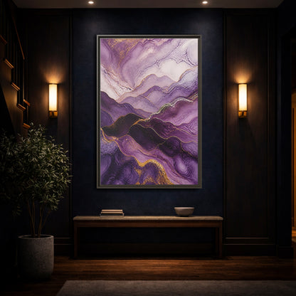 Mockup 4. Nature Abstract Mountains Purple And Gold shown as stretched canvas wall art