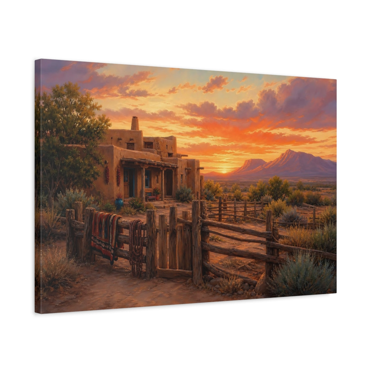 Side Mockup 2. Nature Adobe House Orange And Brown shown as stretched canvas wall art
