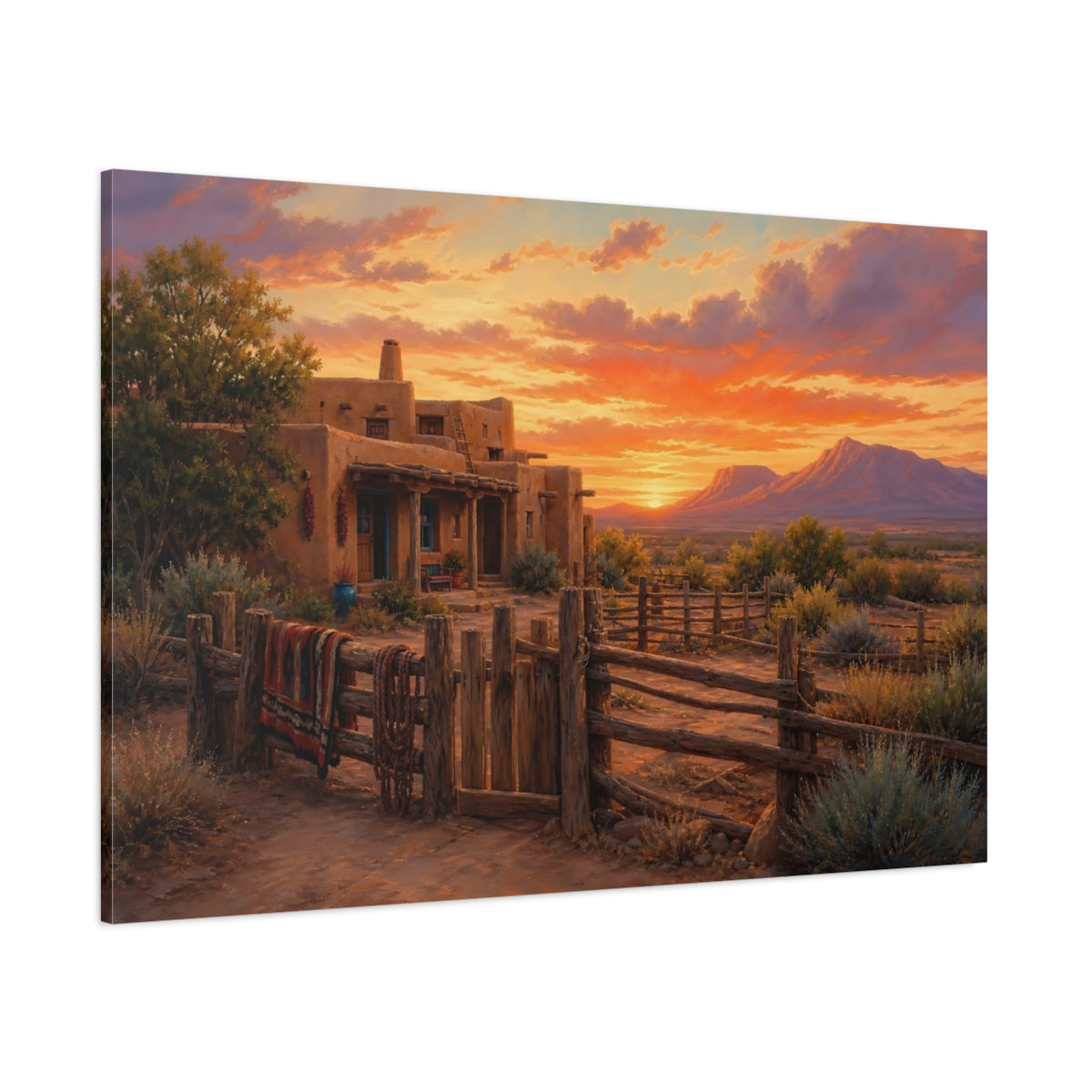 Side Mockup 1. Nature Adobe House Orange And Brown shown as stretched canvas wall art