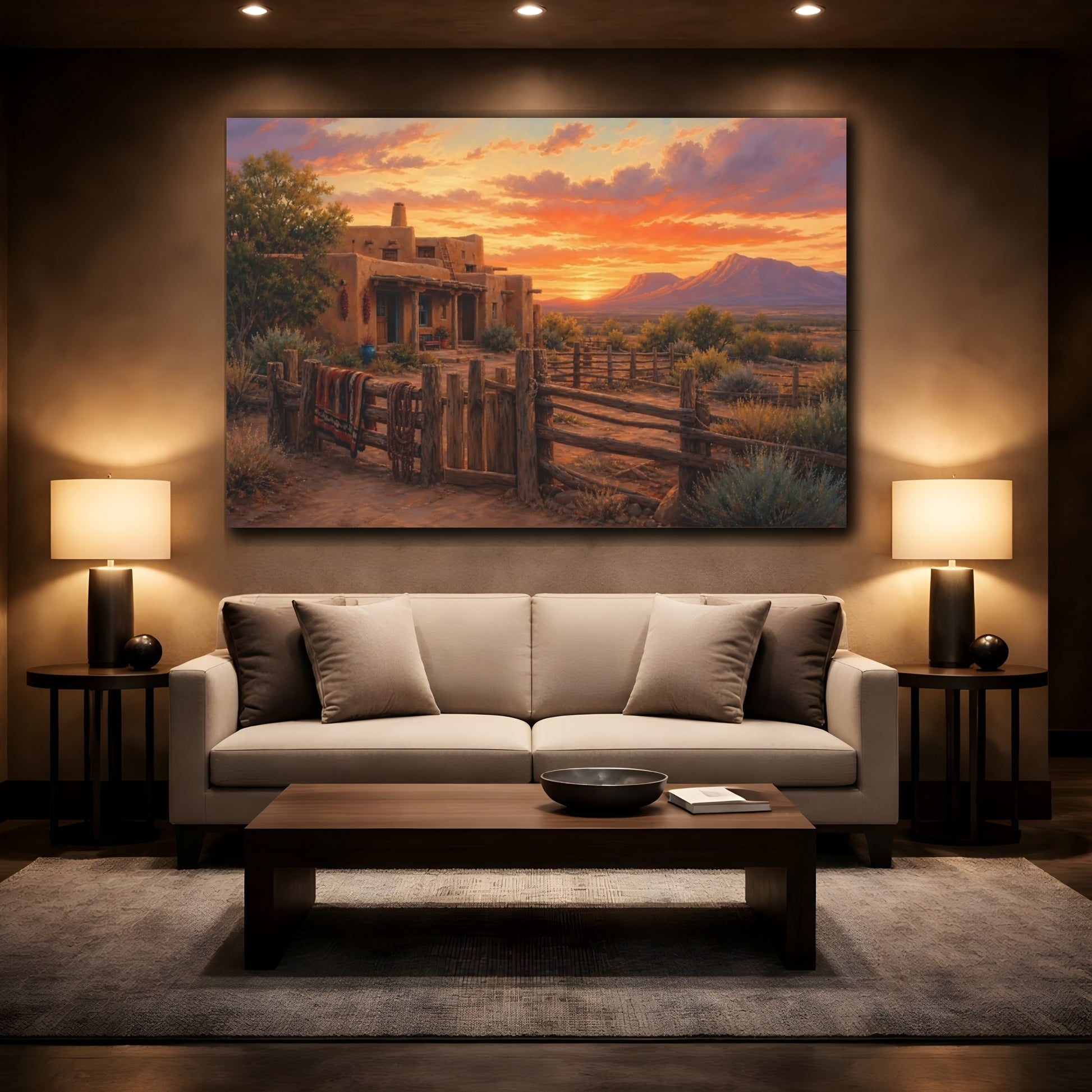 Mockup 2. Nature Adobe House Orange And Brown shown as stretched canvas wall art