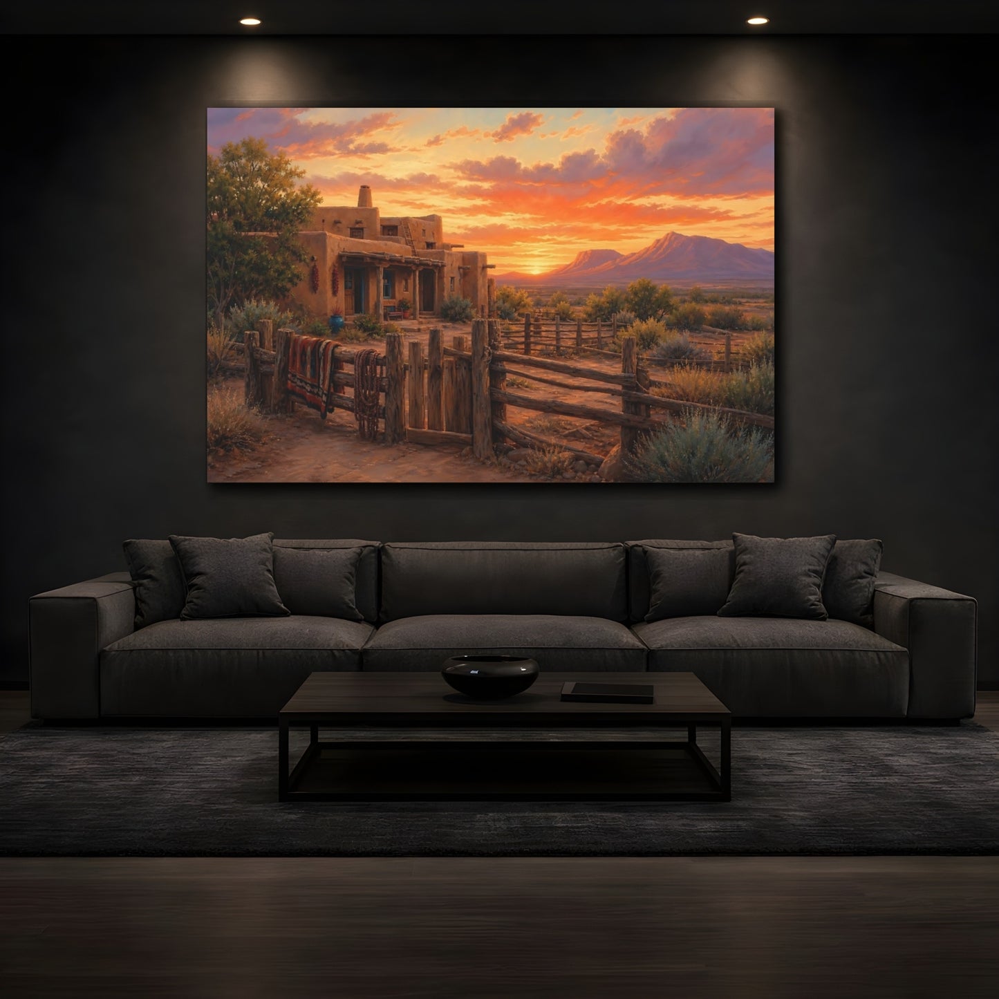 Mockup 3. Nature Adobe House Orange And Brown shown as stretched canvas wall art