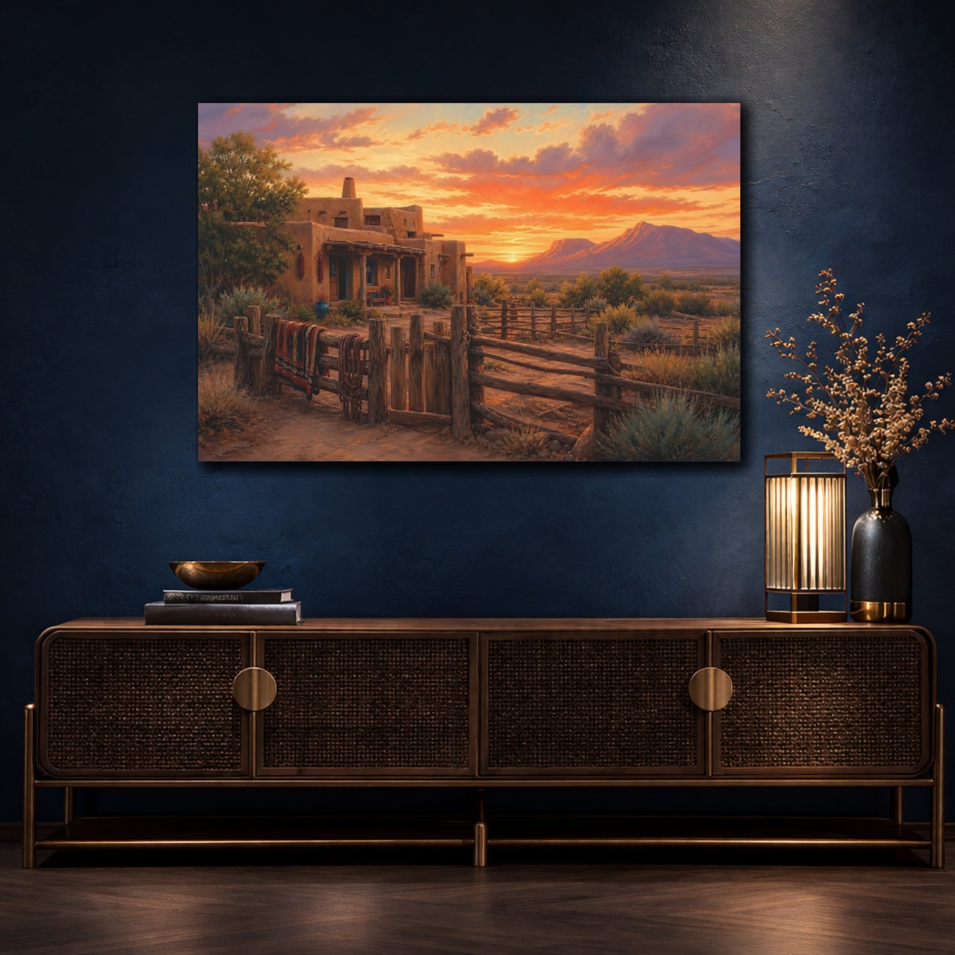 Mockup 4. Nature Adobe House Orange And Brown shown as stretched canvas wall art
