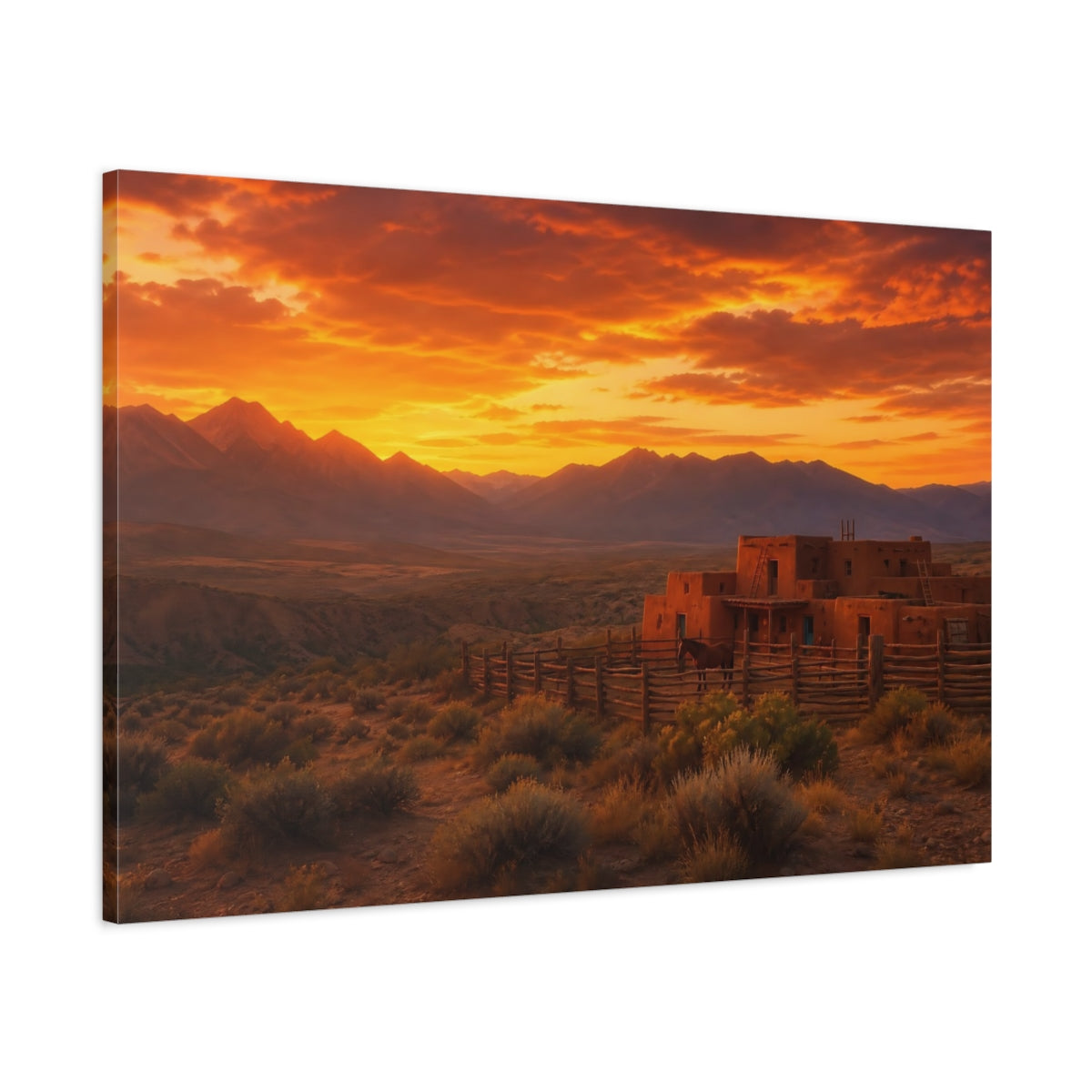 Main Mockup. Nature Adobe House Orange Sunset shown as stretched canvas wall art