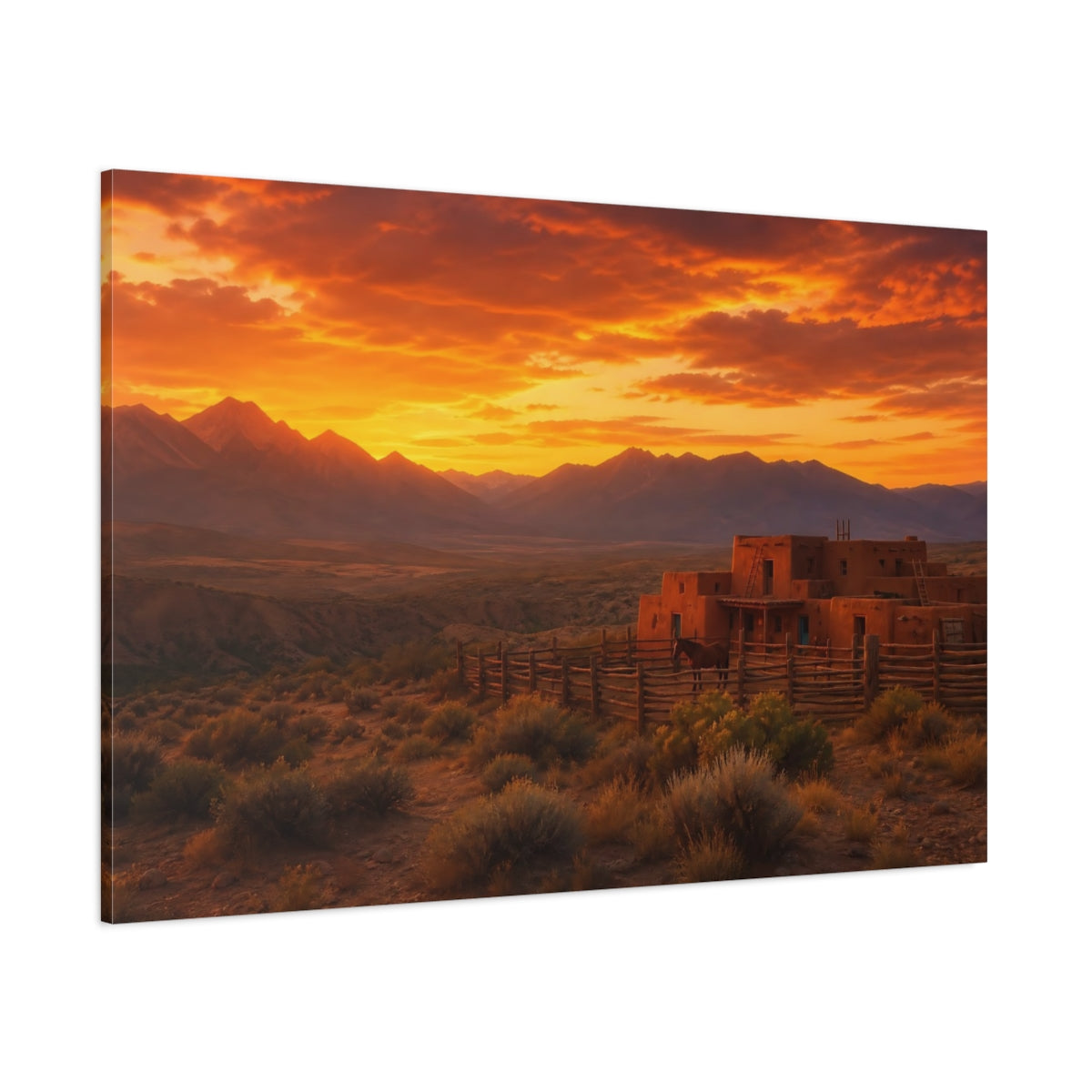 Side Mockup 1. Nature Adobe House Orange Sunset shown as stretched canvas wall art