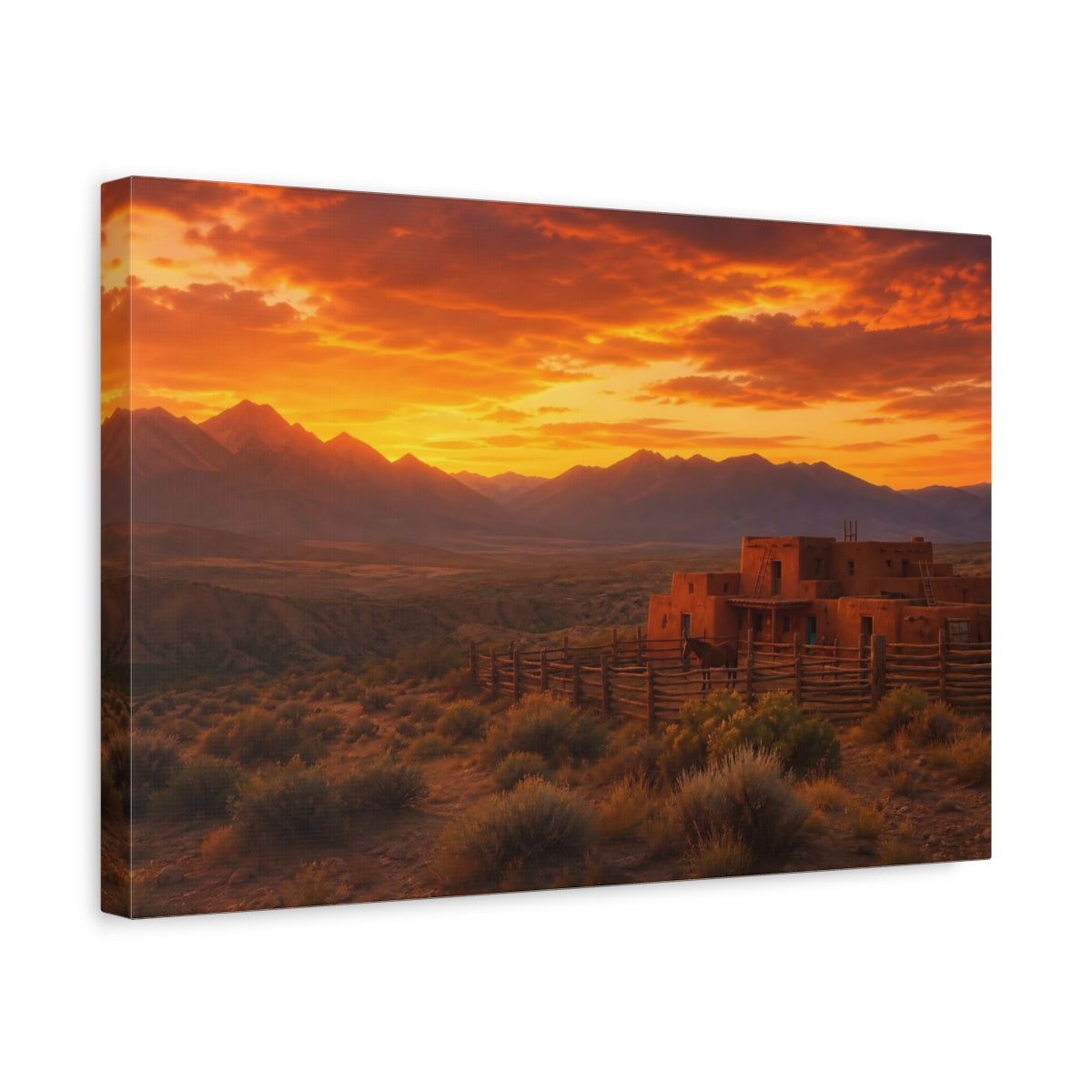 Side Mockup 4. Nature Adobe House Orange Sunset shown as stretched canvas wall art