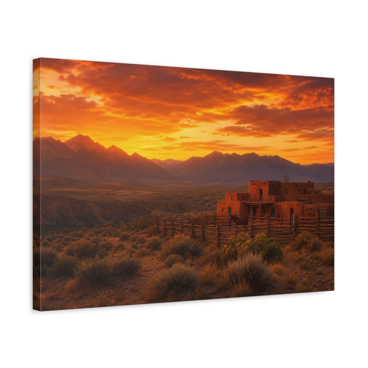 Side Mockup 3. Nature Adobe House Orange Sunset shown as stretched canvas wall art