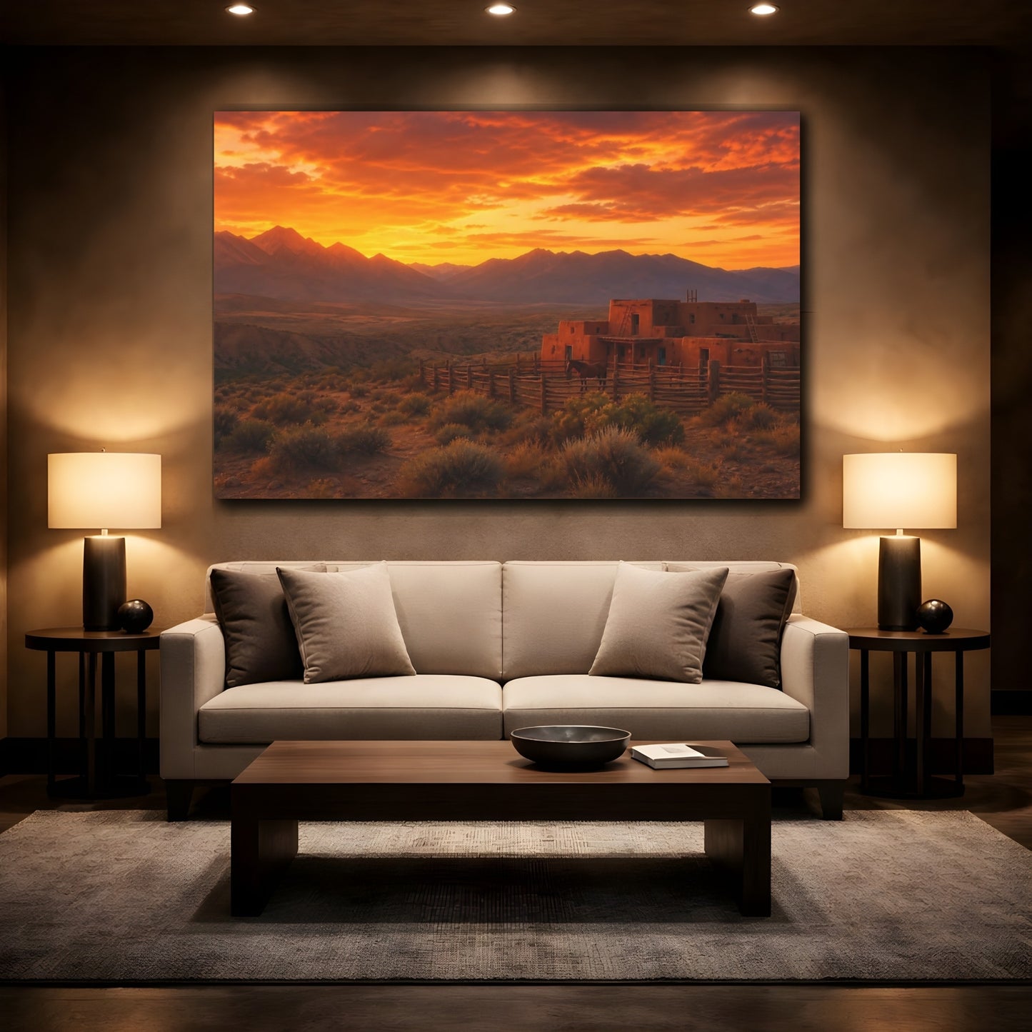 Mockup 2. Nature Adobe House Orange Sunset shown as stretched canvas wall art