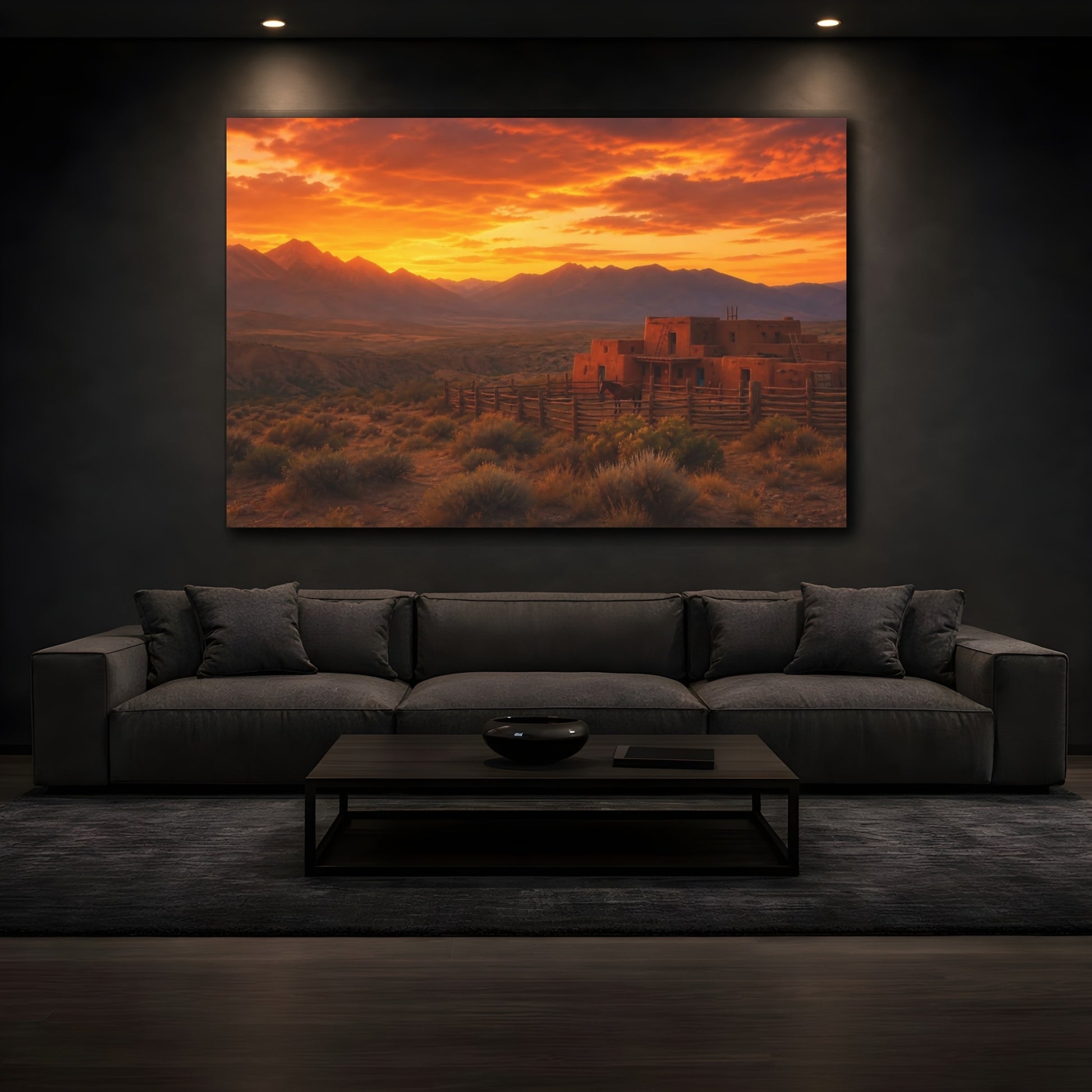Mockup 3. Nature Adobe House Orange Sunset shown as stretched canvas wall art