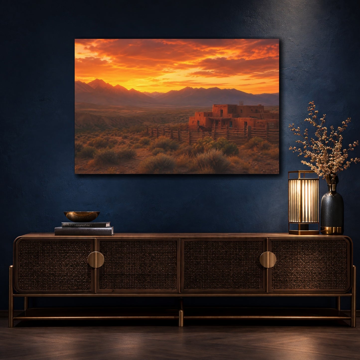 Mockup 4. Nature Adobe House Orange Sunset shown as stretched canvas wall art