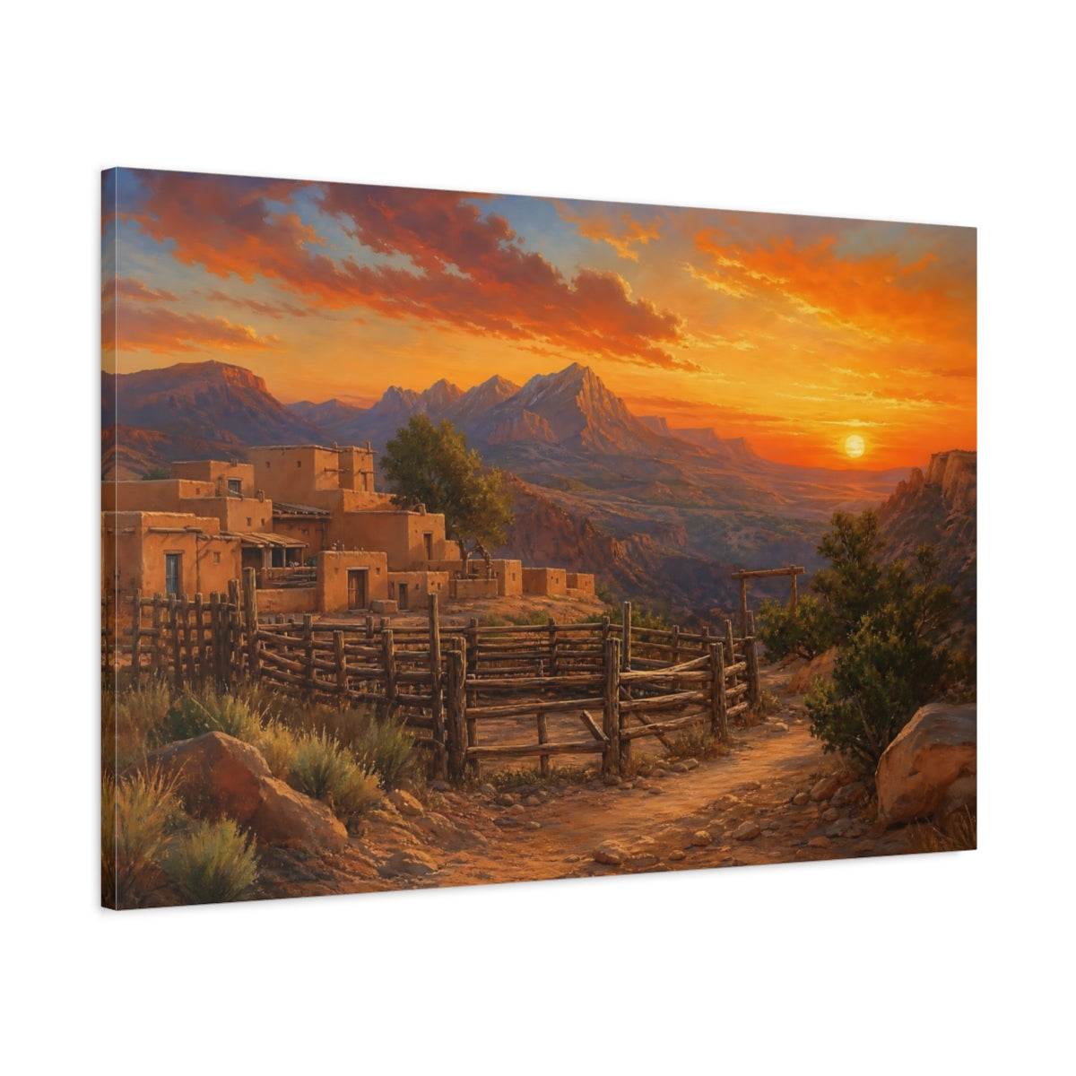Main Mockup. Nature Adobe Village Orange And Brown shown as stretched canvas wall art