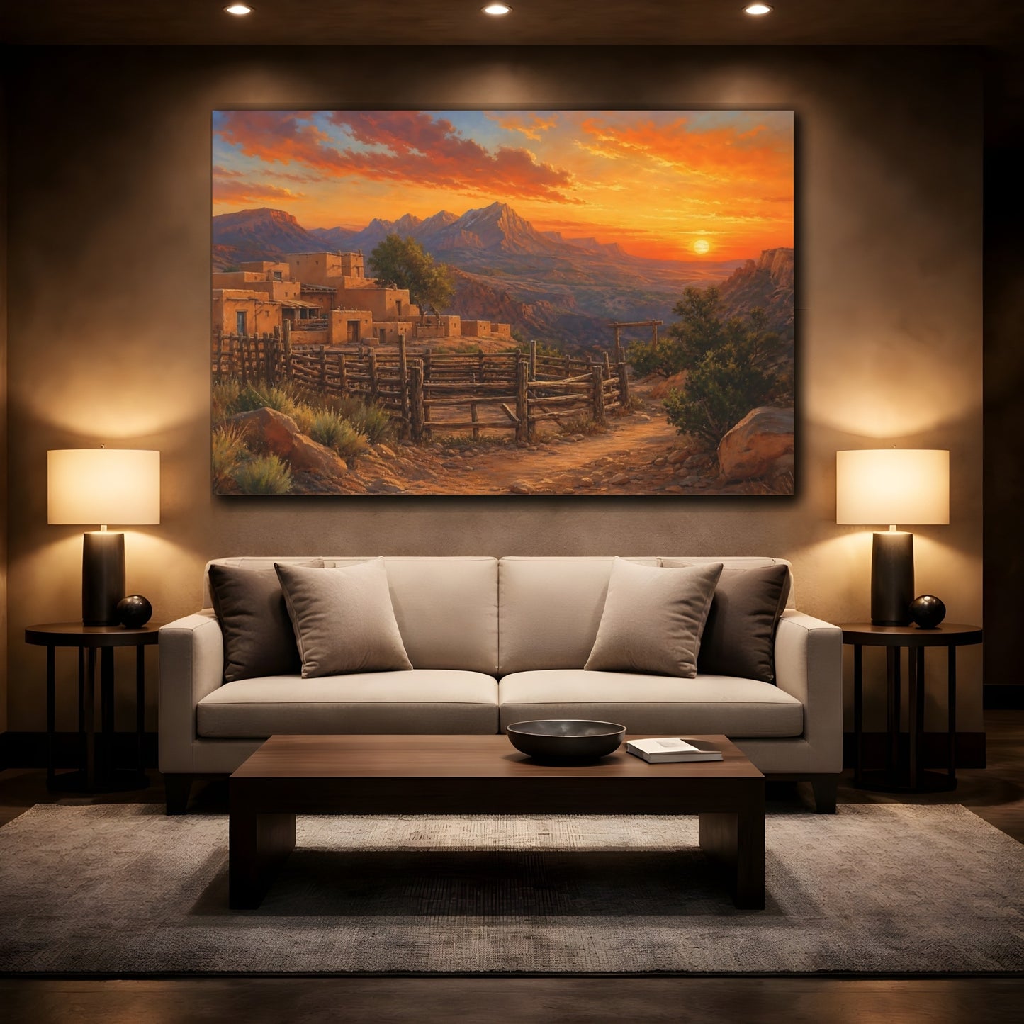 Mockup 2. Nature Adobe Village Orange And Brown shown as stretched canvas wall art