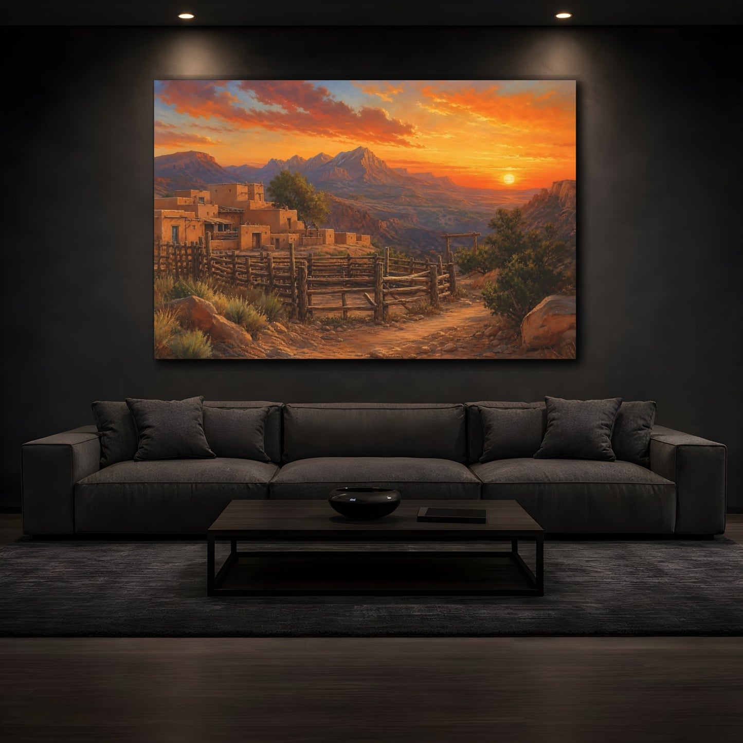 Mockup 3. Nature Adobe Village Orange And Brown shown as stretched canvas wall art