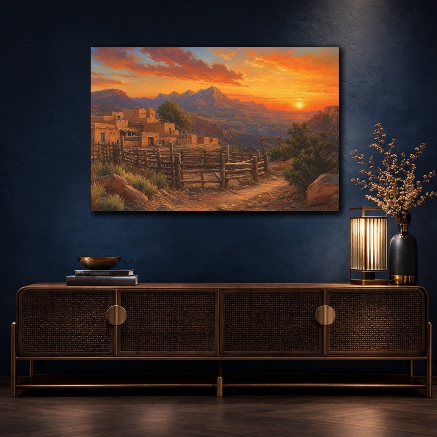 Mockup 4. Nature Adobe Village Orange And Brown shown as stretched canvas wall art