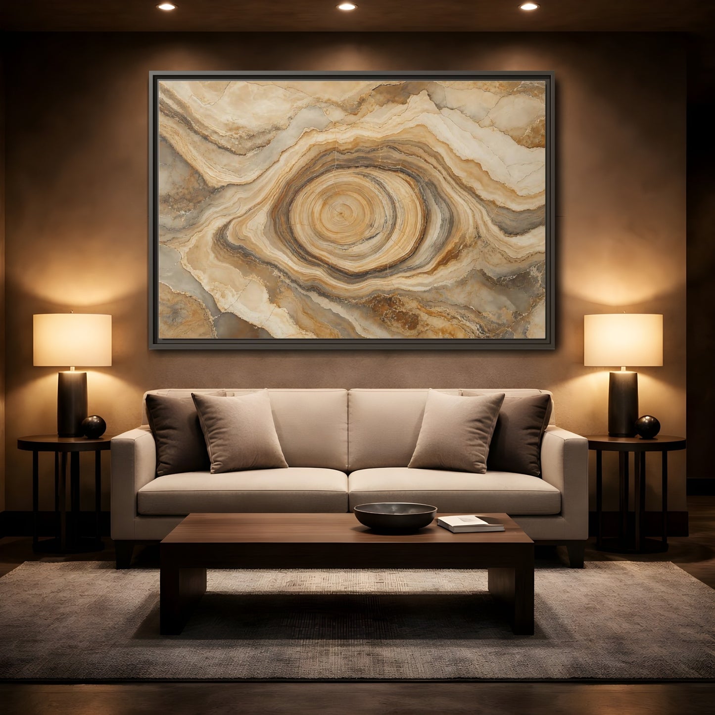Mockup 2. Nature Agate Slice Brown And Beige Agate shown as stretched canvas wall art