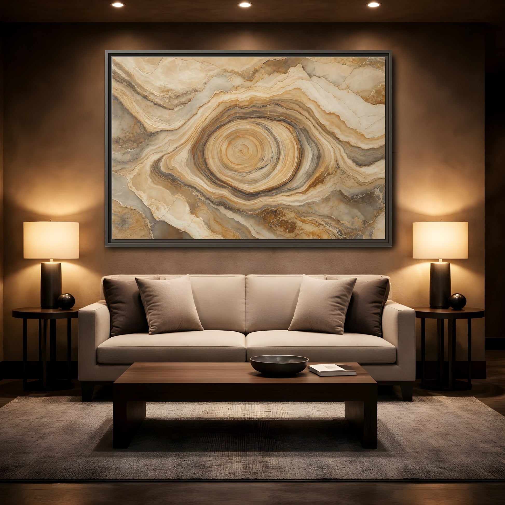 Mockup 2. Nature Agate Slice Brown And Beige Agate shown as stretched canvas wall art