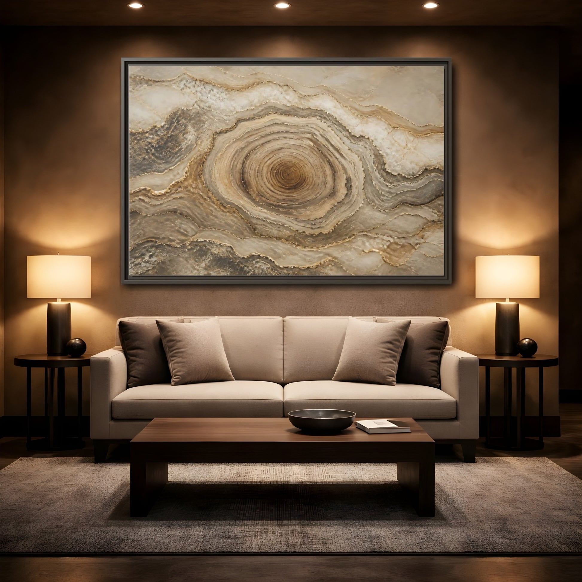 Mockup 2. Nature Agate Stone Brown And Gold shown as stretched canvas wall art