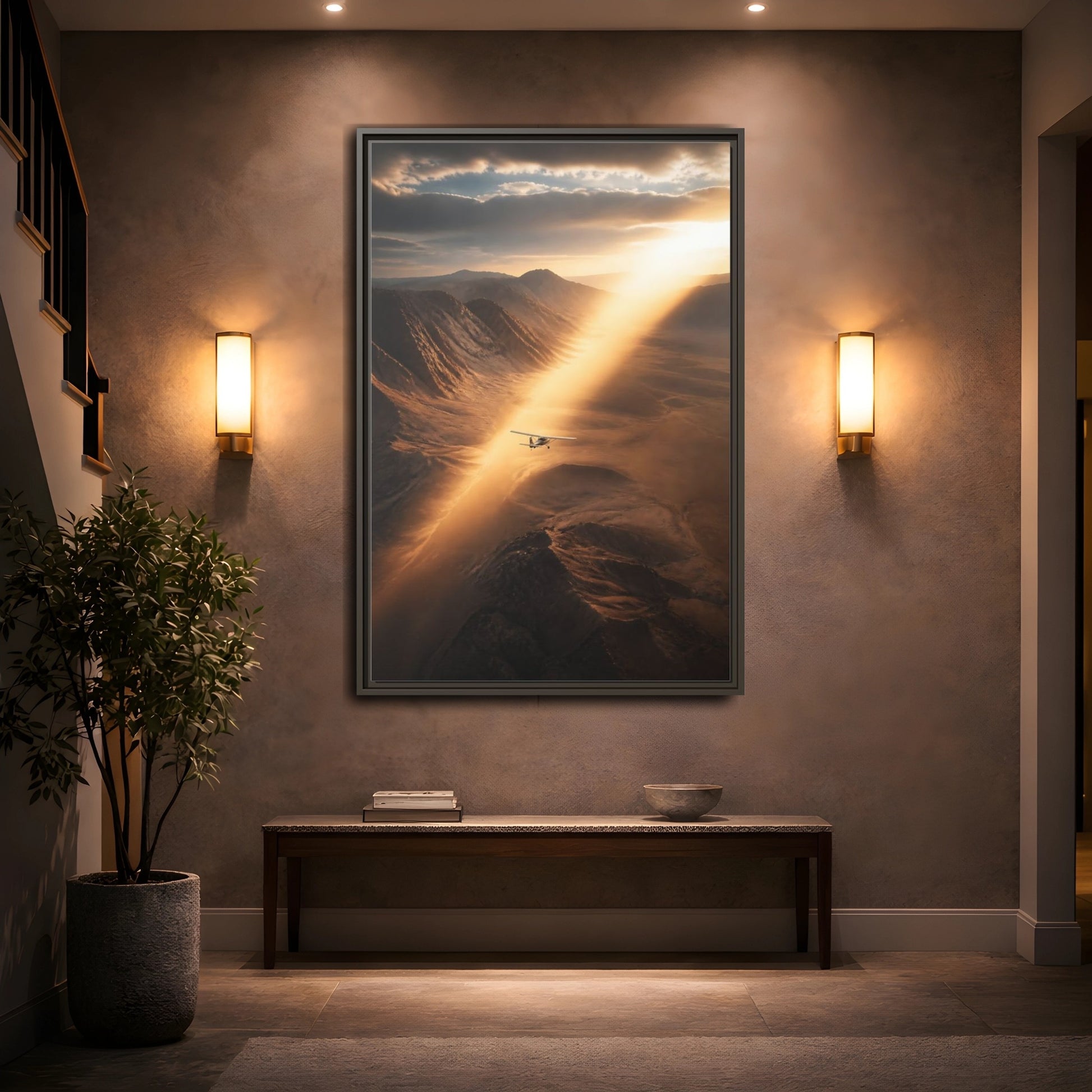 Nature Airplane Golden Desert Framed Canvas Wall Art - Living Room Decor, Above Sofa shown as canvas wall art