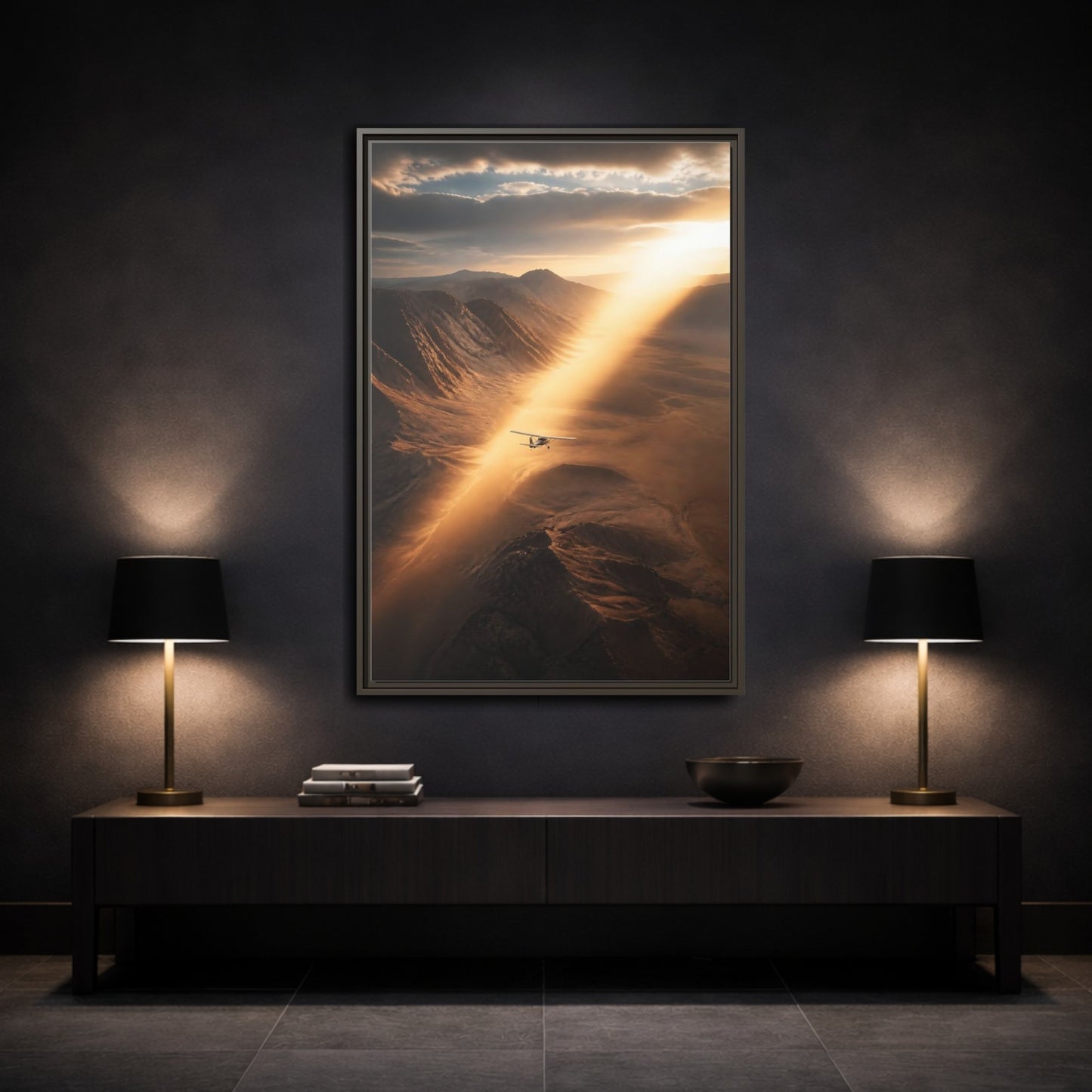 Nature Airplane Golden Desert Framed Canvas Wall Art - Living Room Decor, Above Sofa shown as canvas wall art