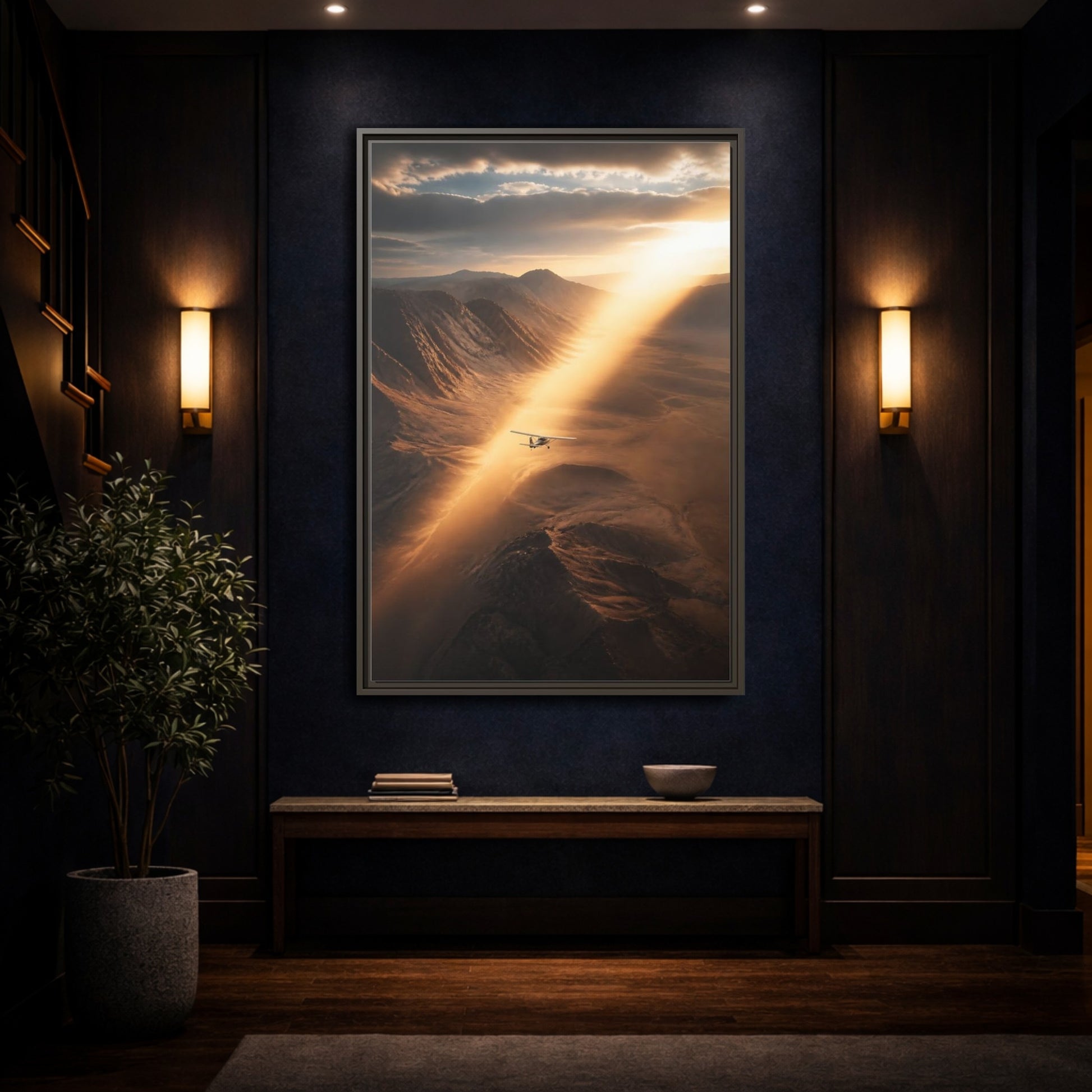 Nature Airplane Golden Desert Framed Canvas Wall Art - Living Room Decor, Above Sofa shown as canvas wall art
