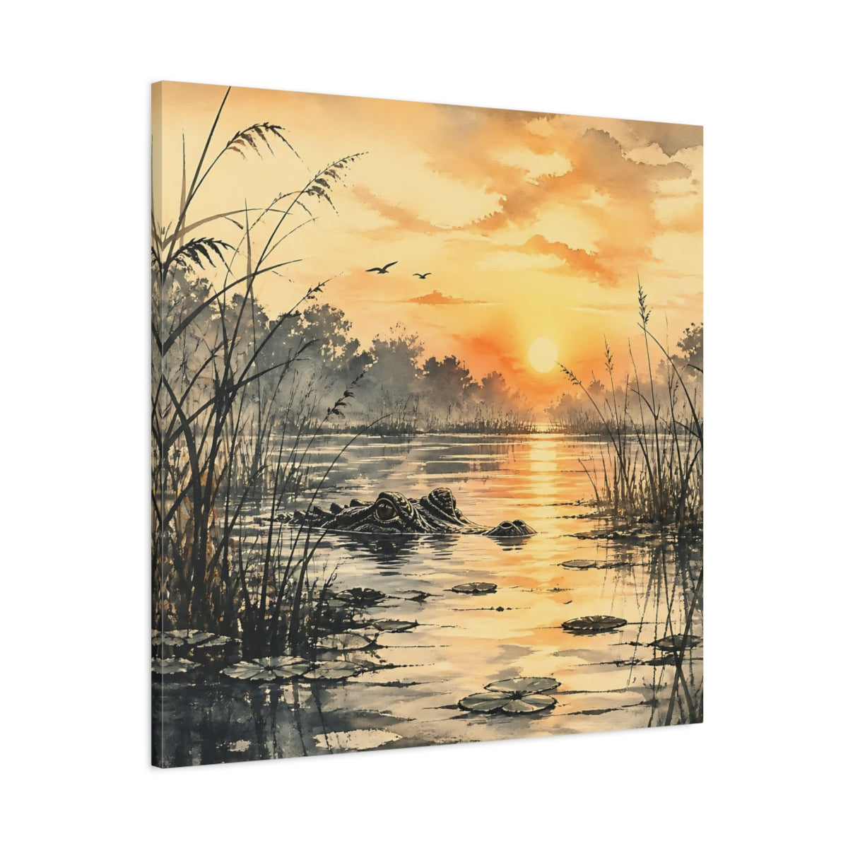 Main Mockup. Nature Alligator Orange Sunset Alligator shown as stretched canvas wall art