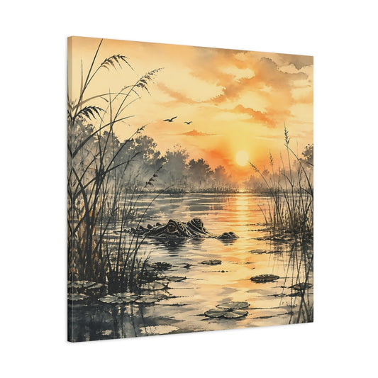 Main Mockup. Nature Alligator Orange Sunset Alligator shown as stretched canvas wall art