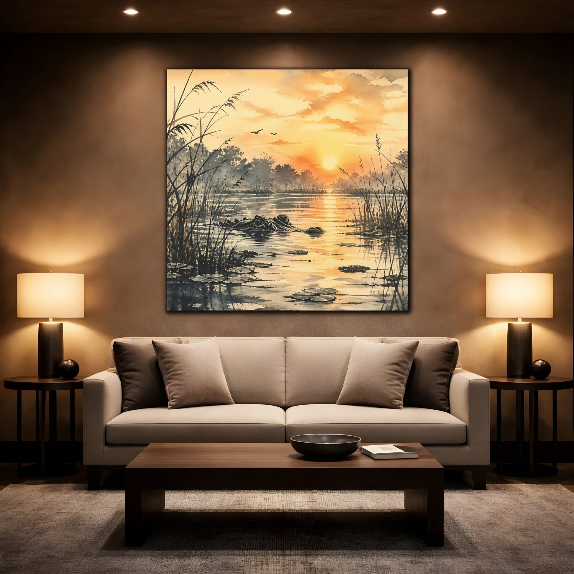 Mockup 2. Nature Alligator Orange Sunset Alligator shown as stretched canvas wall art