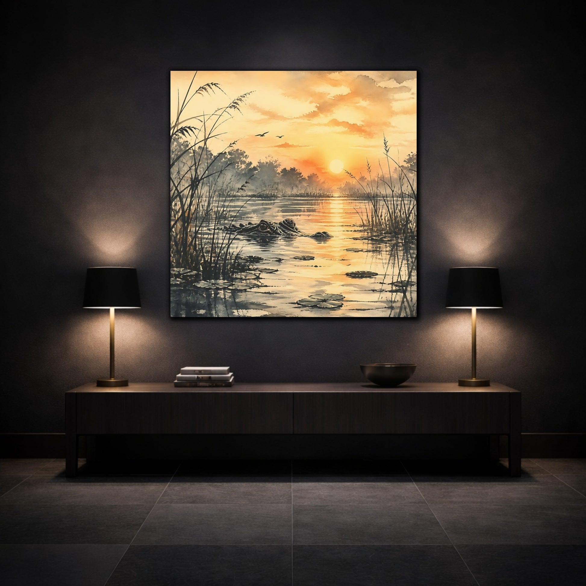 Mockup 3. Nature Alligator Orange Sunset Alligator shown as stretched canvas wall art