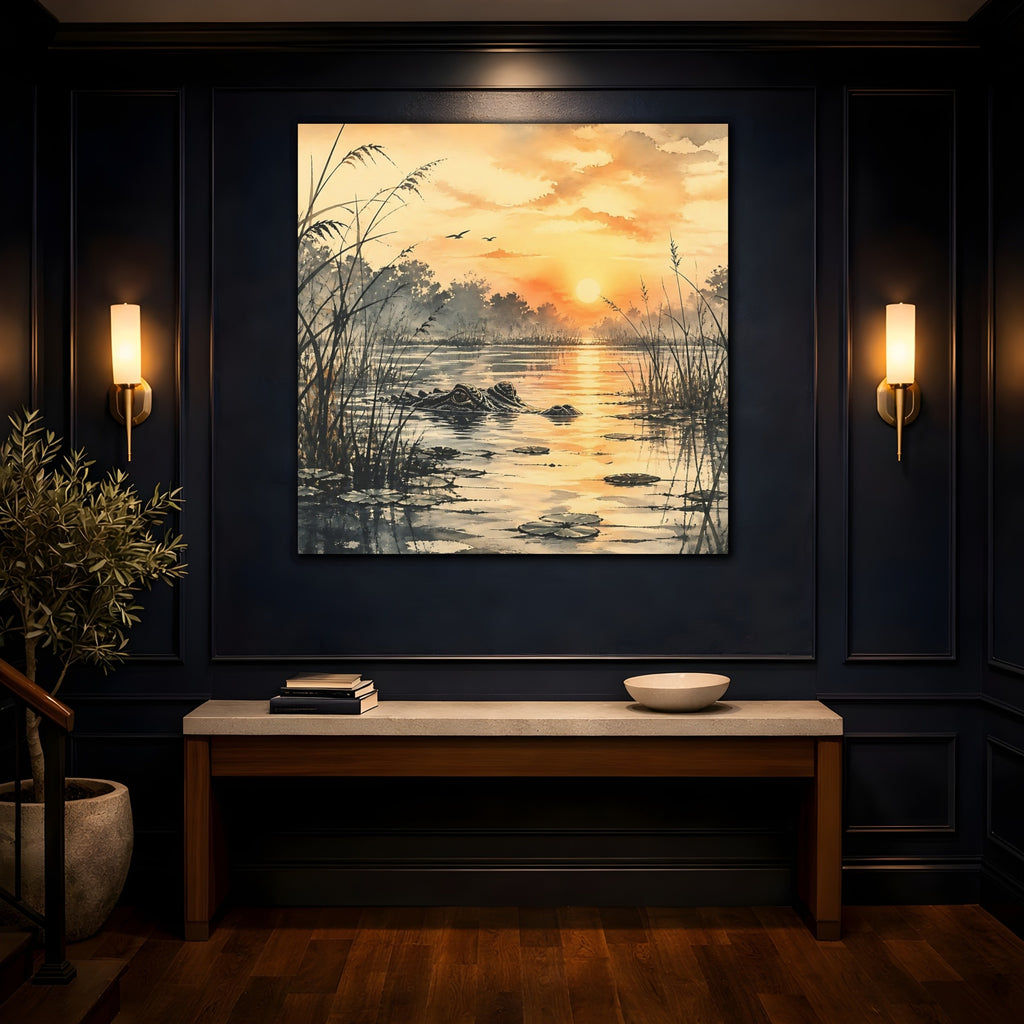 Mockup 4. Nature Alligator Orange Sunset Alligator shown as stretched canvas wall art