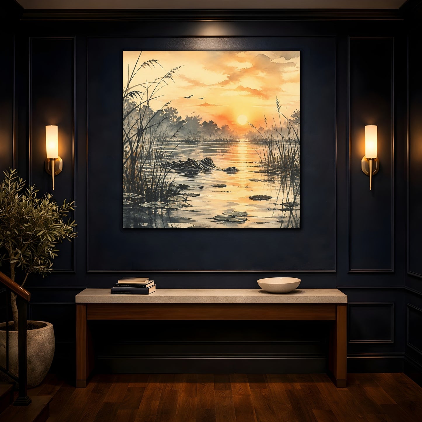 Mockup 4. Nature Alligator Orange Sunset Alligator shown as stretched canvas wall art