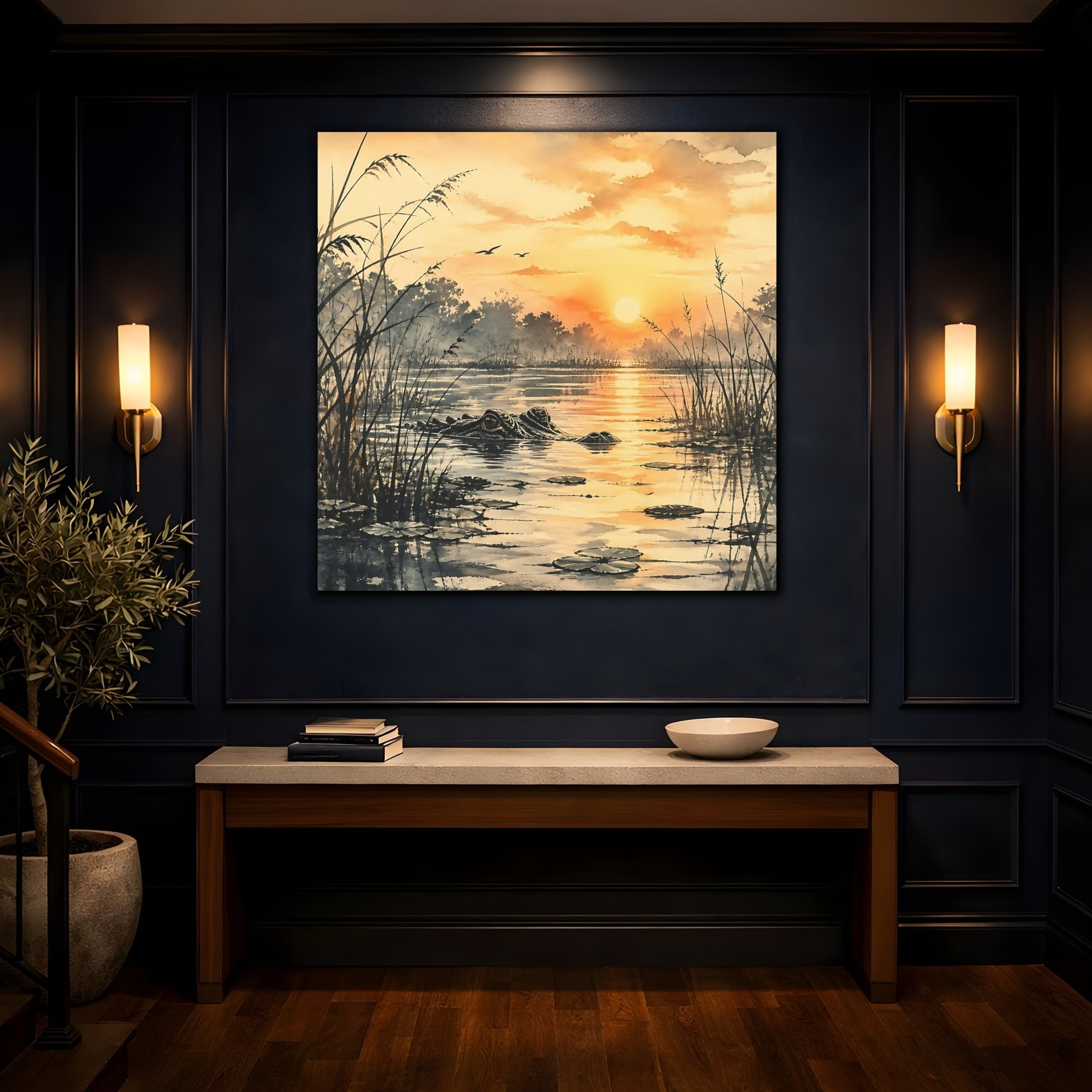 Mockup 4. Nature Alligator Orange Sunset Alligator shown as stretched canvas wall art