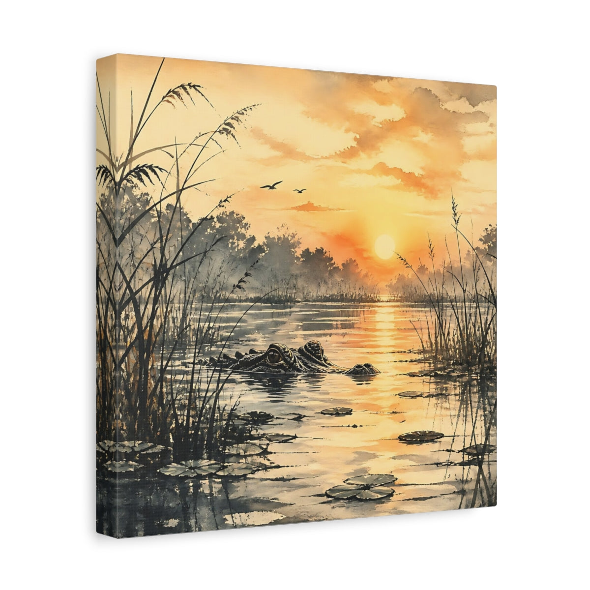 Side Mockup 8. Nature Alligator Orange Sunset Alligator shown as stretched canvas wall art