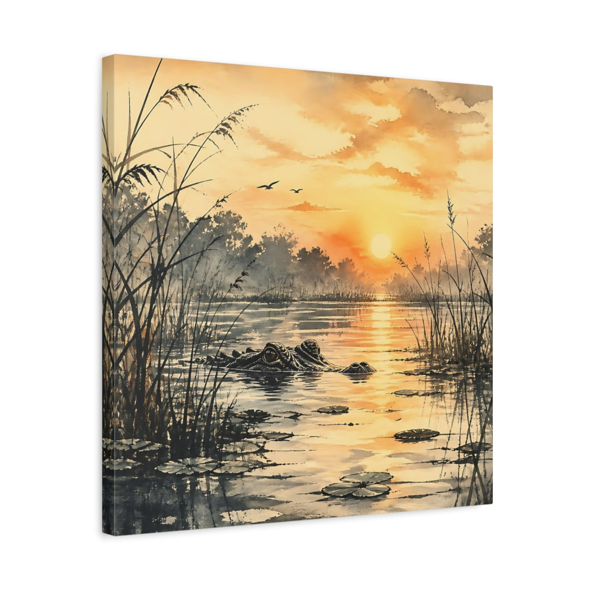 Side Mockup 5. Nature Alligator Orange Sunset Alligator shown as stretched canvas wall art