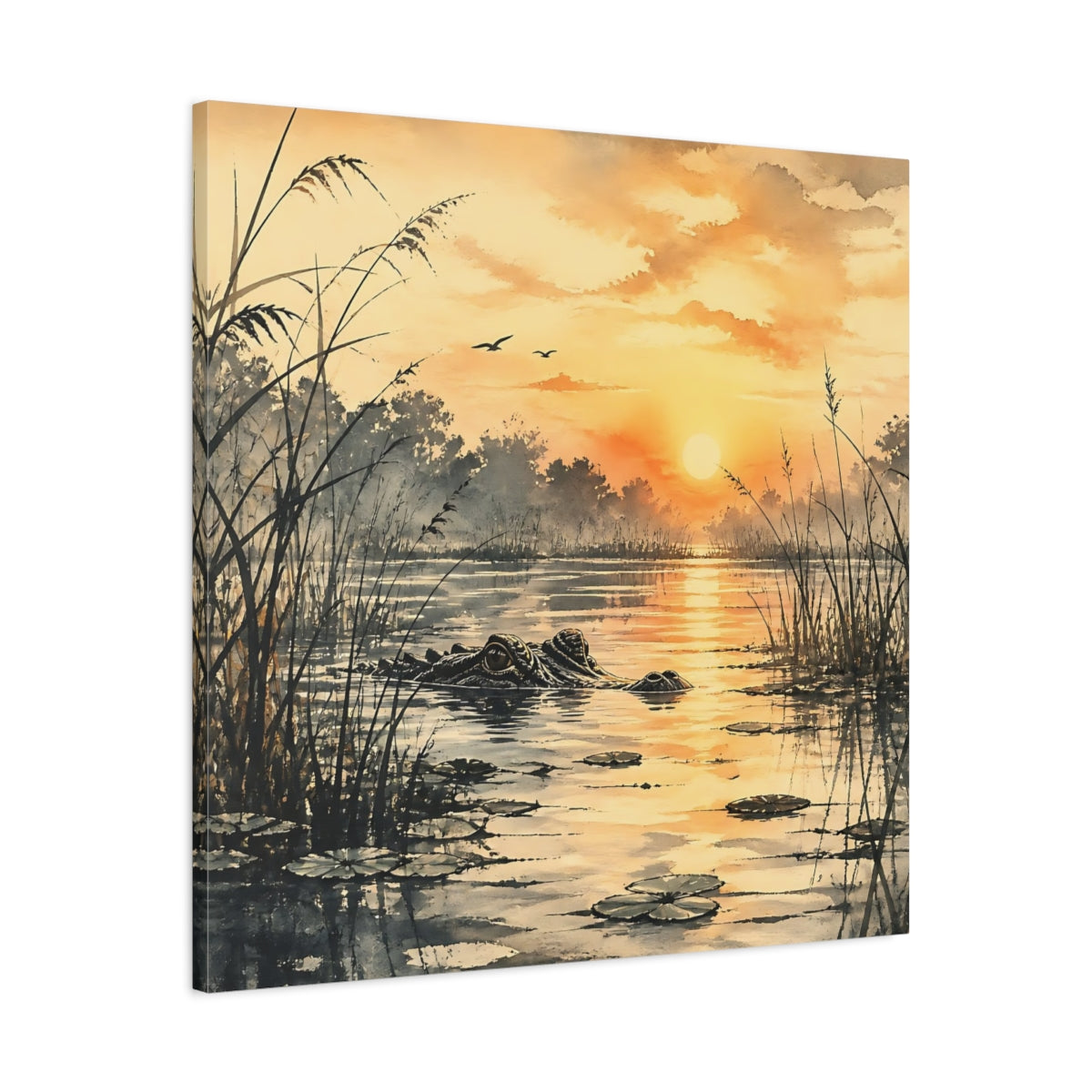 Side Mockup 3. Nature Alligator Orange Sunset Alligator shown as stretched canvas wall art