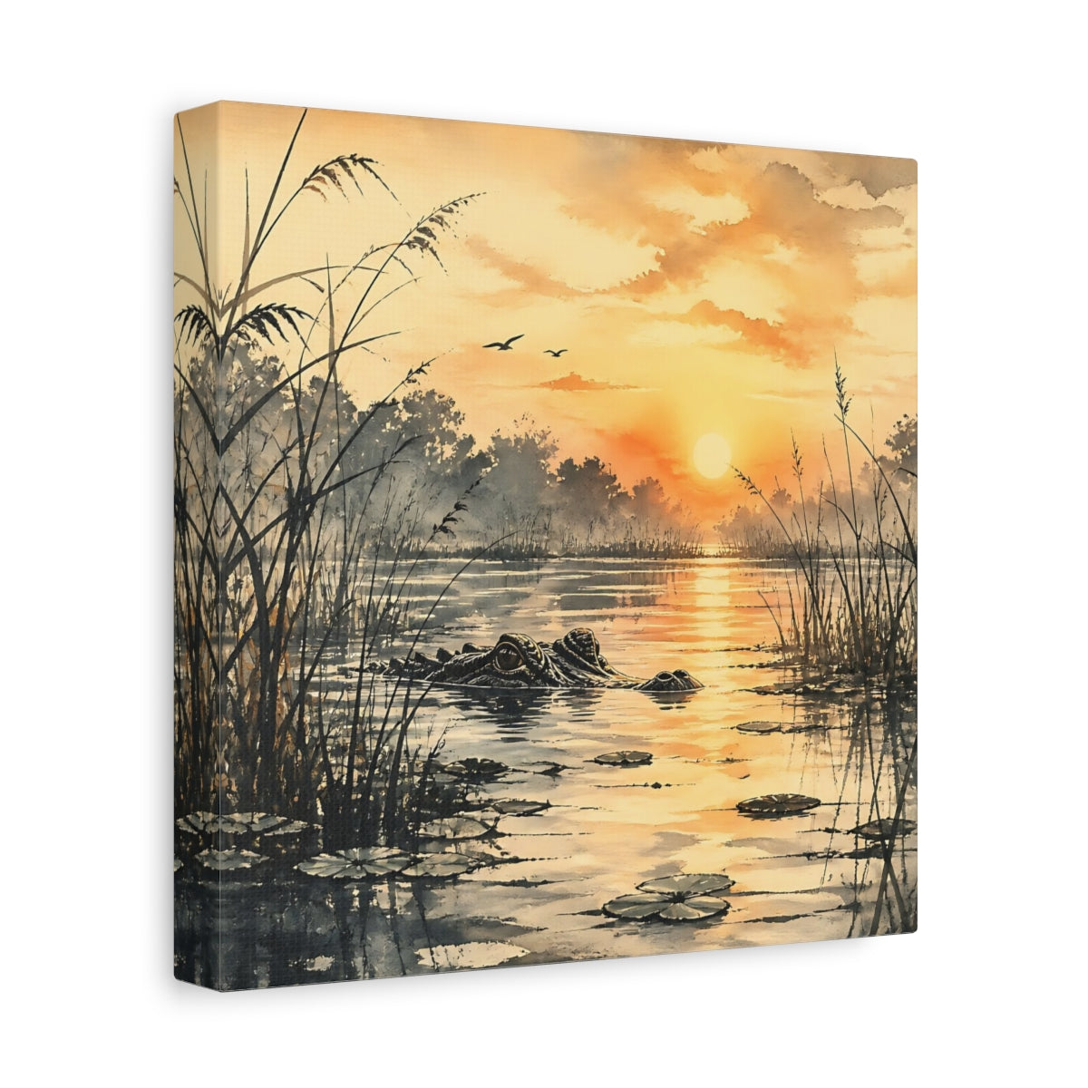 Side Mockup 9. Nature Alligator Orange Sunset Alligator shown as stretched canvas wall art
