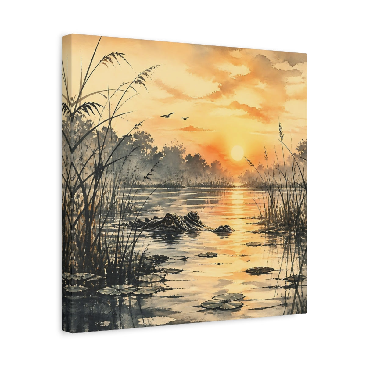 Side Mockup 6. Nature Alligator Orange Sunset Alligator shown as stretched canvas wall art