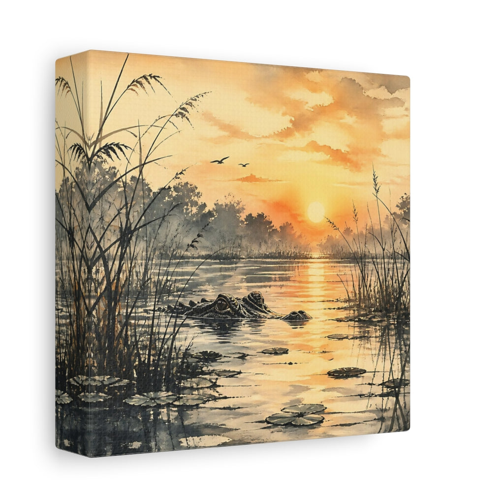 Side Mockup 2. Nature Alligator Orange Sunset Alligator shown as stretched canvas wall art