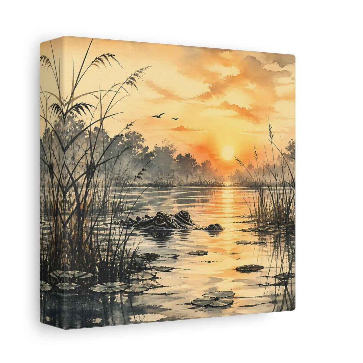 Side Mockup 2. Nature Alligator Orange Sunset Alligator shown as stretched canvas wall art