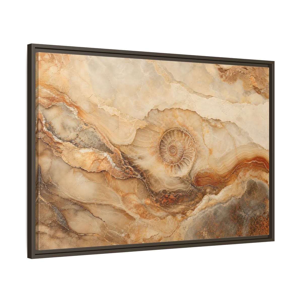 Main Mockup. Nature Ammonite Fossil Brown And Beige shown as stretched canvas wall art