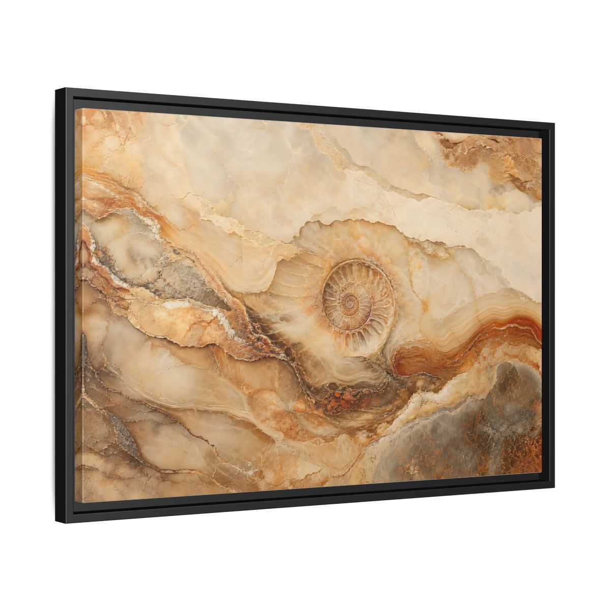 Side Mockup 14. Nature Ammonite Fossil Brown And Beige shown as stretched canvas wall art