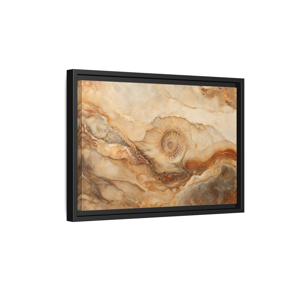 Side Mockup 6. Nature Ammonite Fossil Brown And Beige shown as stretched canvas wall art