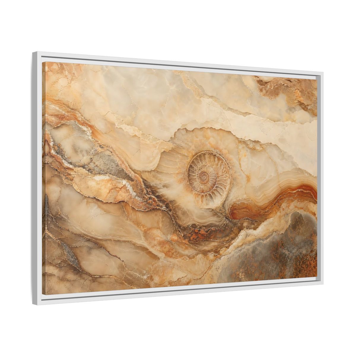 Side Mockup 9. Nature Ammonite Fossil Brown And Beige shown as stretched canvas wall art