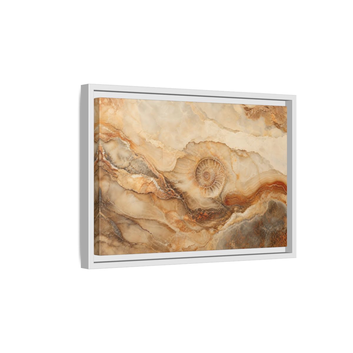 Side Mockup 4. Nature Ammonite Fossil Brown And Beige shown as stretched canvas wall art