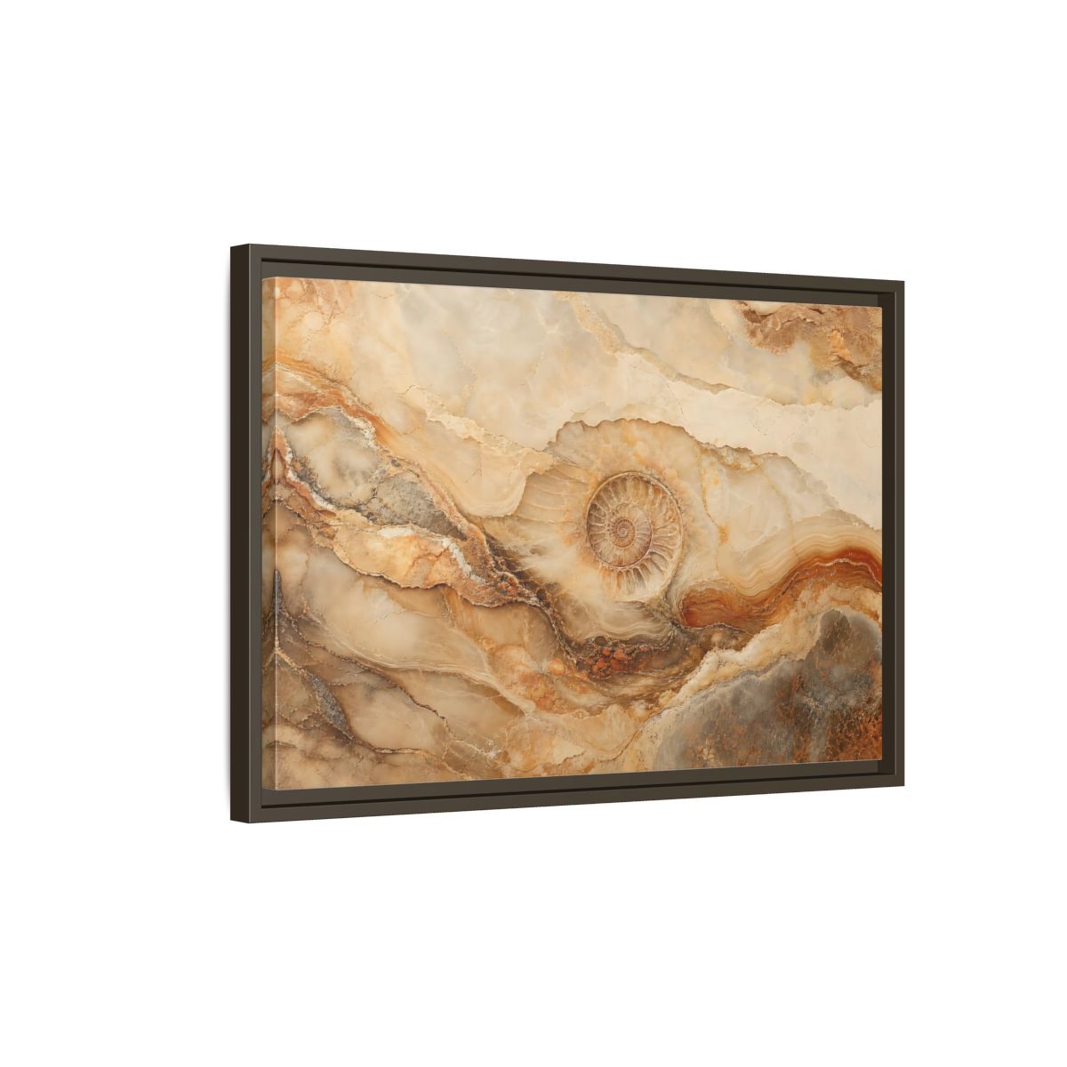 Side Mockup 2. Nature Ammonite Fossil Brown And Beige shown as stretched canvas wall art